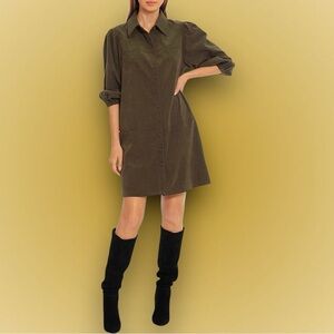 7 For All Mankind Olive Green Corduroy Puff-Sleeve Button-Down Shift Dress Sz M